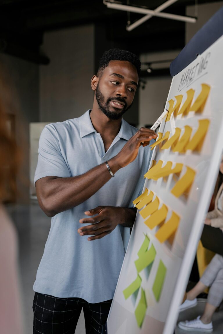 Un homme présente des notes autocollantes sur un tableau blanc.